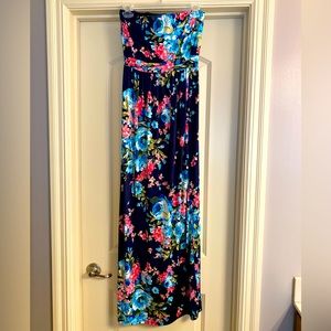 Bellamie Blue and Pink Floral Strapless Maxi Dress Size Small